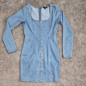 Denim Button-Front Long Sleeve Mini Dress - Light Blue